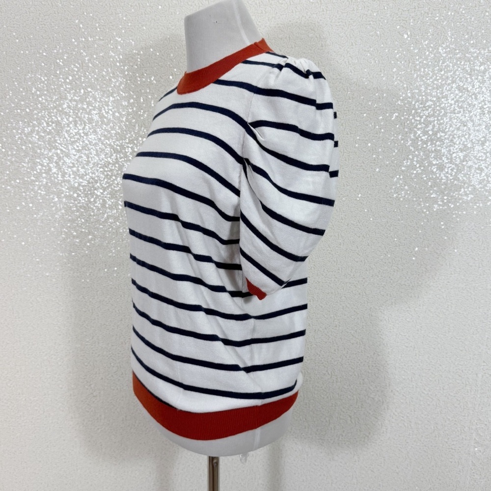 TARSE Striped Puff Sleeve Knit Top Size L Navy White Rusty Red Ribbed Trim - Picture 6 of 10